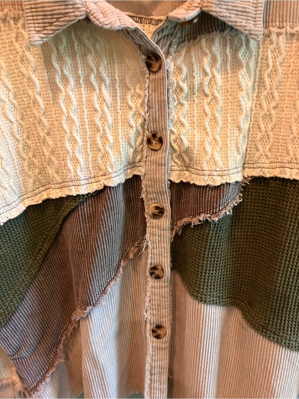 Oli & Hali Patchwork Mixed-Knit Women's Sweater/Jacket— Olive, Cream, Grey EUC L - Picture 3 of 6